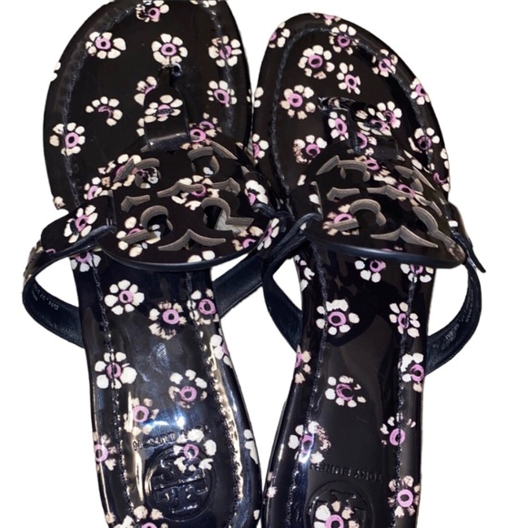 Designer Tory Burch Miller Sandal Patent Leather Black & Floral Print New Size 8 - Picture 5 of 11